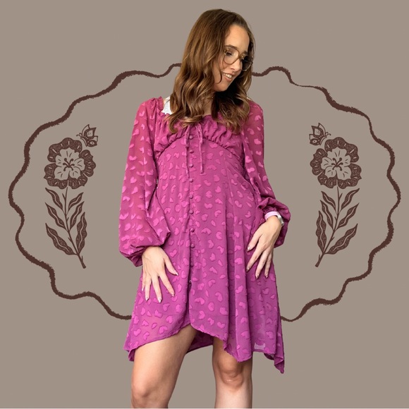 Asymmetrical Burgundy Heart Print Dress – Y2K Romantic Cottagecore Western - Picture 1 of 9